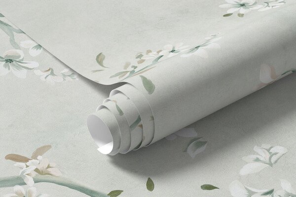 Carta da parati Rami con fiori bianchi su un traliccio decorativo verde, Carta da parati Buffer, w05923v2 : Uwalls.it