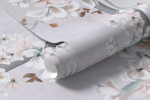 Carta da parati Rami con fiori bianchi su un traliccio decorativo blu e grigio, Carta da parati Buffer, w05923v1 : Uwalls.it