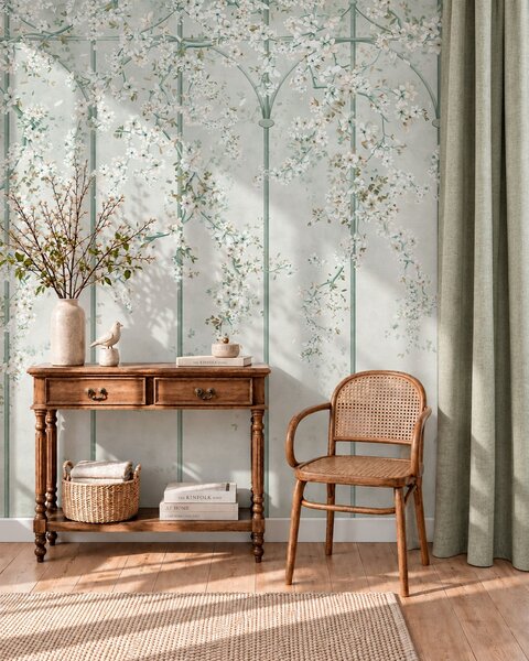 Carta da parati Rami con fiori bianchi su un traliccio decorativo verde, Carta da parati Buffer, w05923v2 : Uwalls.it