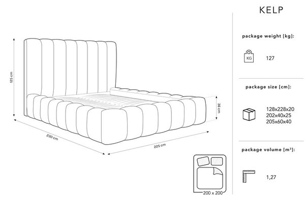 Letto matrimoniale imbottito grigio chiaro con contenitore con griglia 200x200 cm Kelp - Micadoni Home