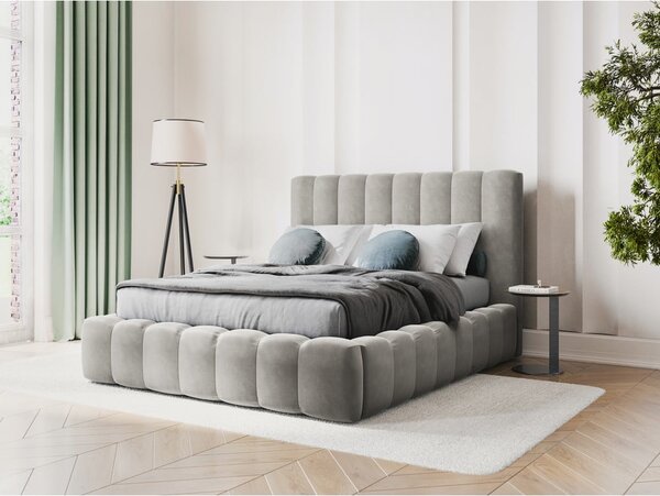 Letto matrimoniale imbottito grigio chiaro con contenitore con griglia 200x200 cm Kelp - Micadoni Home