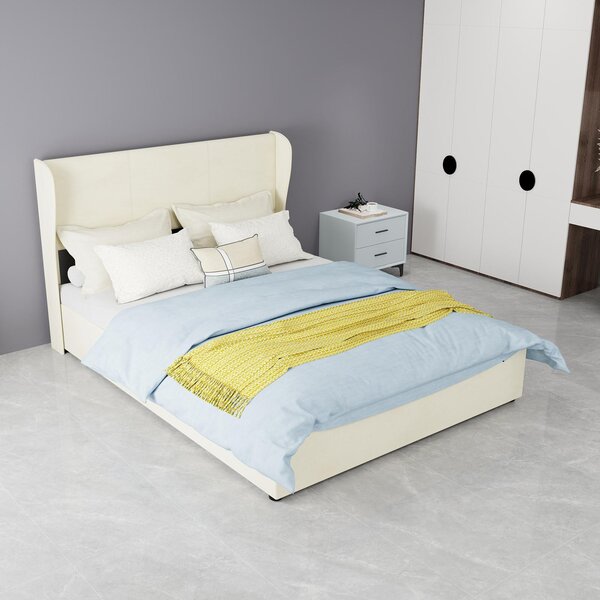 Letto imbottito 160x200 cm, grigio, in cotone, con spazio contenitore idraulico, testiera imbottita con porta USB di tipo C e illuminazione LED a 3 lati