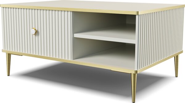 Tavolino PETRA 90x60 cm CASHMIR BEIGE con piedini in metallo dorato Tavolino da salotto, stile moderno, con vano portaoggetti nascosto, con cassetto, ripiani