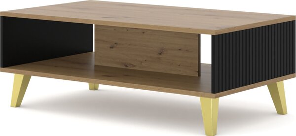 Tavolino RAVENNA B 90x60 cm ROVERE ARTIGIANALE / NERO OPACO con gambe dorate Tavolino Tavolino Tavolino da salotto