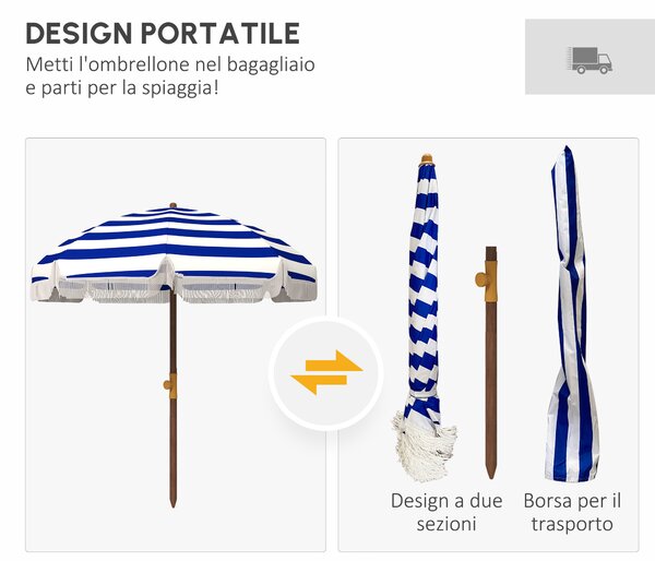 Outsunny Ombrellone da Spiaggia con Frange Ø190x210 cm con Protezione UV40+ Antivento Impermeabile Borsa per il Trasporto Blu e bianco | Aosom Italy