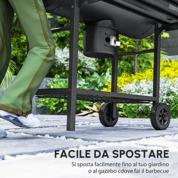 Outsunny Barbecue a Carbone in Acciaio Smoker con Coperchio, Maniglie, Termometro e Ruote, 114x65x95 cm, Nero | Aosom Italy