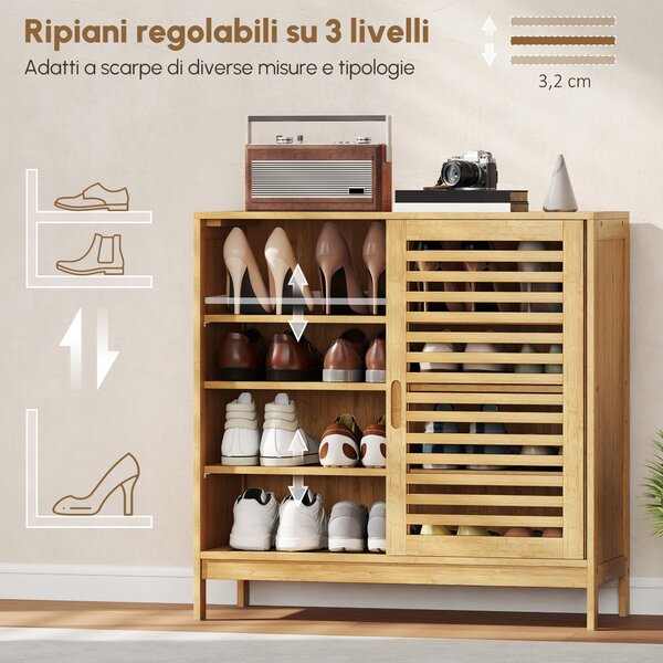 HOMCOM Scarpiera con 2 Ante Scorrevoli a Listelli Ripiani Regolabili per 16 Paia di Scarpe 80x35x80 cm Naturale | Aosom Italy