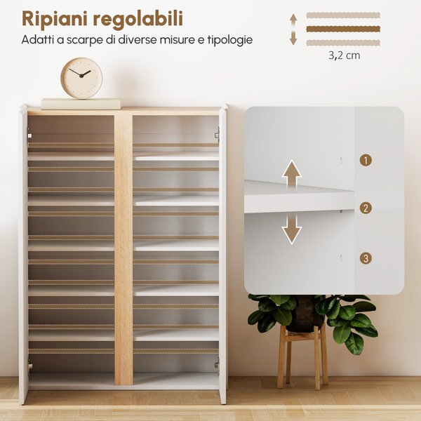 HOMCOM Mobile Portascarpe con Funzione Soft-Close, disegno a sei livelli senza maniglia, 18 paia di scarpe, per ingresso, corridoio, legno, Bianco | Aosom Italy