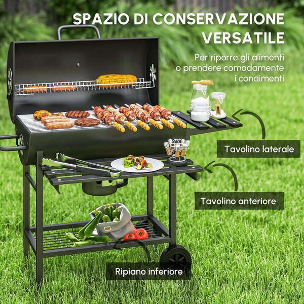 Outsunny Barbecue a Carbone in Acciaio Smoker con Coperchio, Maniglie, Termometro e Ruote, 114x65x95 cm, Nero | Aosom Italy