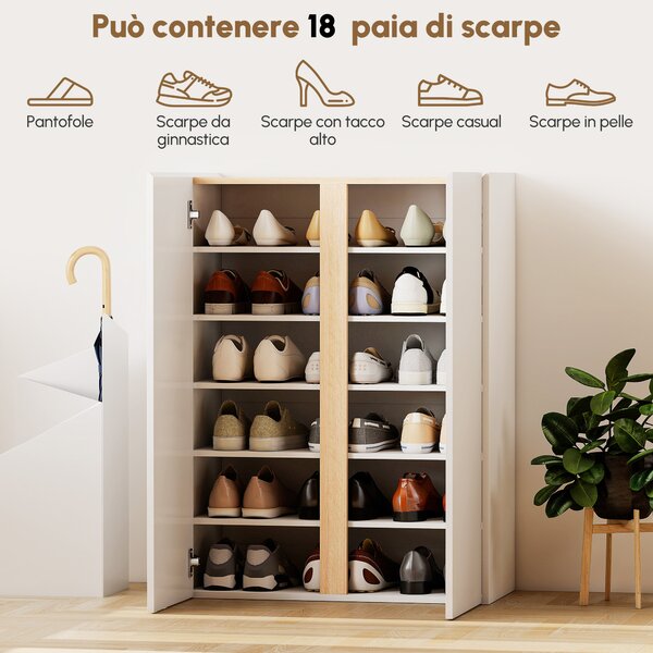 HOMCOM Mobile Portascarpe con Funzione Soft-Close, disegno a sei livelli senza maniglia, 18 paia di scarpe, per ingresso, corridoio, legno, Bianco | Aosom Italy