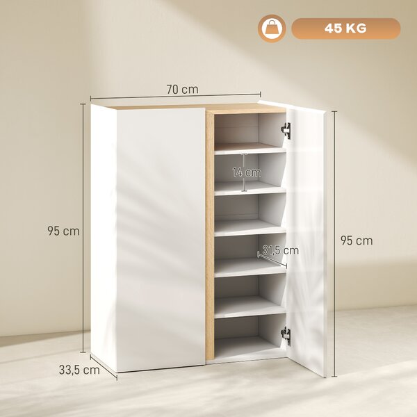 HOMCOM Mobile Portascarpe con Funzione Soft-Close, disegno a sei livelli senza maniglia, 18 paia di scarpe, per ingresso, corridoio, legno, Bianco | Aosom Italy
