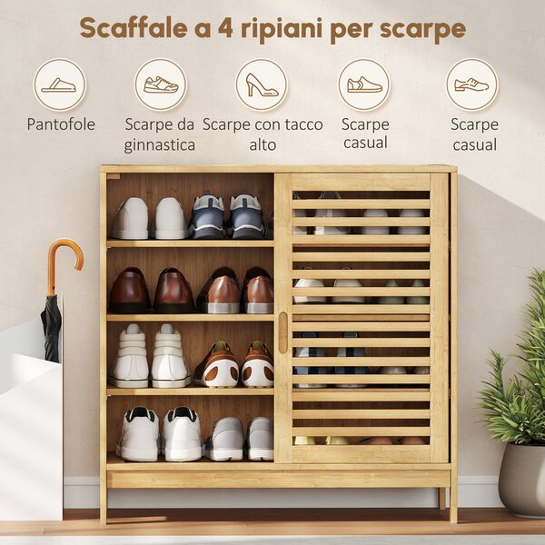HOMCOM Scarpiera con 2 Ante Scorrevoli a Listelli Ripiani Regolabili per 16 Paia di Scarpe 80x35x80 cm Naturale | Aosom Italy