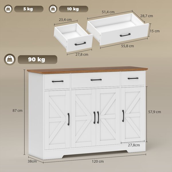 HOMCOM Credenza Cucina Rustico, Mobile Cucina con Ante Soft-Close, 3 Cassetti, 3 Ripiani Regolabili, Portaspezie, Bianco | Aosom Italy