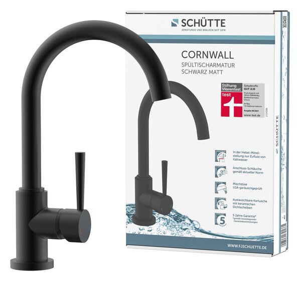 Miscelatore da cucina SCHÜTTE CORNWALL, miscelatore da cucina con funzione di risparmio energetico, miscelatore monocomando bocca girevole a 360°, nero opaco