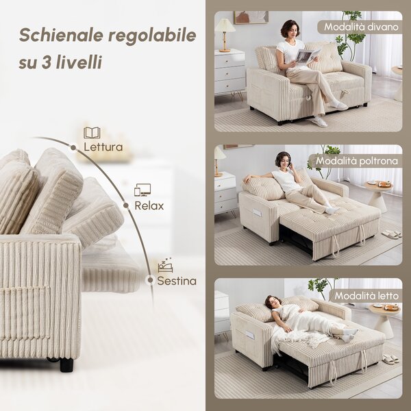 HOMCOM Divano letto 2 posti, rivestimento in velluto a coste, trasformabile in letto, 2 cuscini, tasche laterali, 157 x 190 cm, crema | Aosom Italy