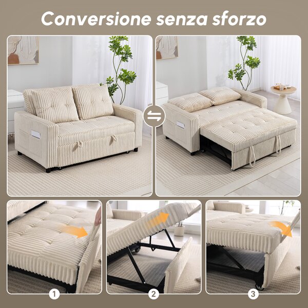 HOMCOM Divano letto 2 posti, rivestimento in velluto a coste, trasformabile in letto, 2 cuscini, tasche laterali, 157 x 190 cm, crema | Aosom Italy