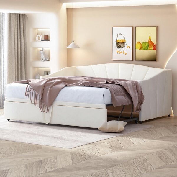 Divano letto imbottito 90/180 x 200 cm con letto estraibile, 2 reti, schienale e braccioli, letto multifunzionale, tessuto velluto, color beige