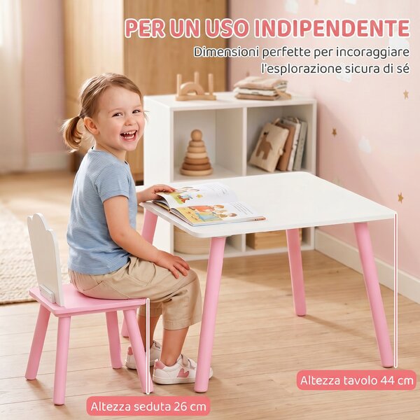 AIYAPLAY Set Tavolo e 2 Sedie per Bambini 3-6 Anni in Legno con Angoli Arrotondati, Tema Zucchero Filato, Rosa | Aosom Italy