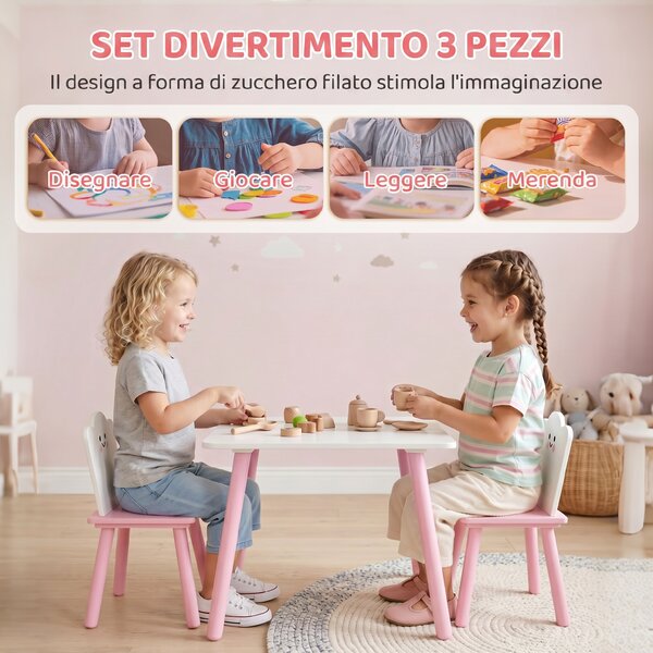 AIYAPLAY Set Tavolo e 2 Sedie per Bambini 3-6 Anni in Legno con Angoli Arrotondati, Tema Zucchero Filato, Rosa | Aosom Italy