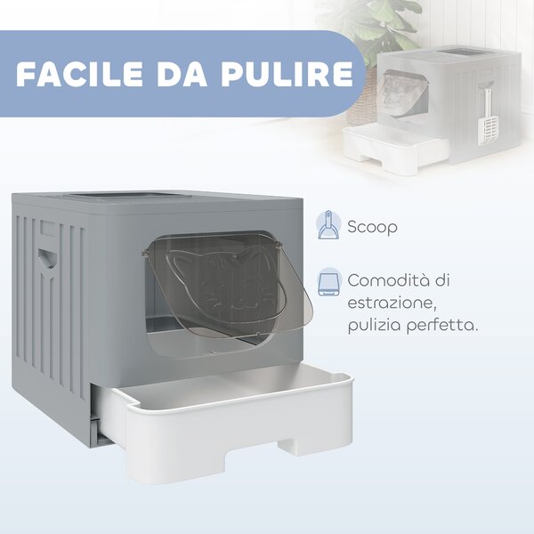 PawHut Lettiera Gatto Chiusa M 60L con Coperchio, Vassoio Estraibile, Paletta, Antiperdita, Facile da Pulire, Grigio | Aosom Italy