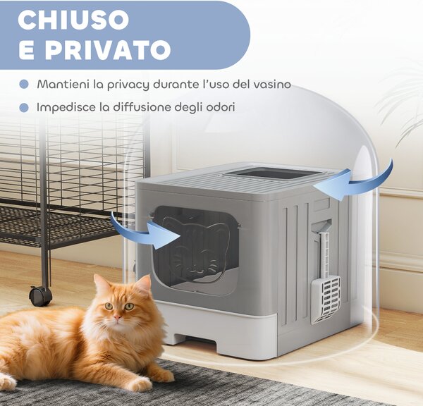 PawHut Lettiera Gatto Chiusa M 60L con Coperchio, Vassoio Estraibile, Paletta, Antiperdita, Facile da Pulire, Grigio | Aosom Italy