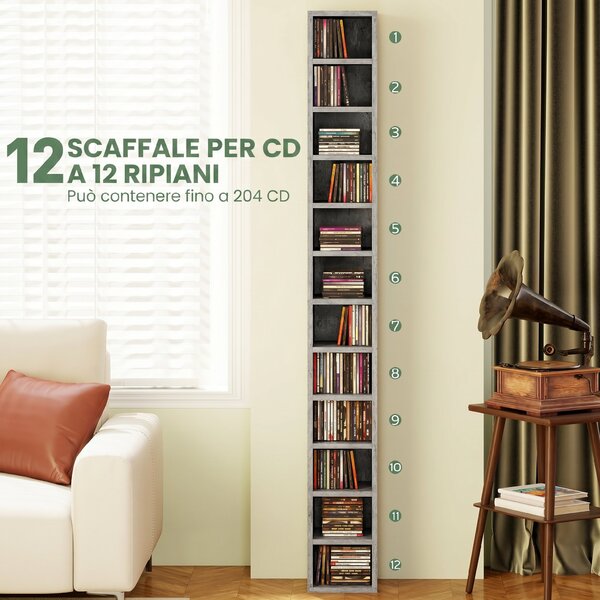 HOMCOM Mobile Libreria Porta CD a 12 Ripiani per 204 CD, in MDF e Truciolato, 21x20x175 cm, Grigio | Aosom Italy