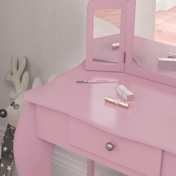 DecHome Tavolo da Trucco per Bambini 3-6 Anni con Sgabello Specchio Regolabile e Cassetto 63x40x85.5 cm colore Rosa