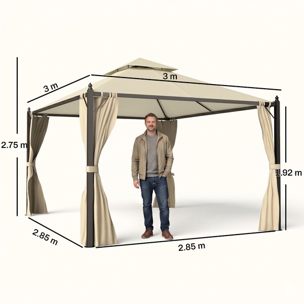 Outsunny Gazebo multifunzione da Esterno Impermeabile con Doppio Tettuccio e Tende Laterali Chiudibili a Cerniera, 3x3 m, Beige | Aosom Italy