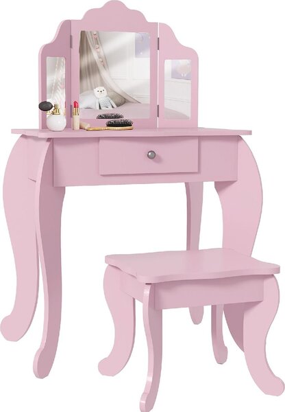 DecHome Tavolo da Trucco per Bambini 3-6 Anni con Sgabello Specchio Regolabile e Cassetto 63x40x85.5 cm colore Rosa