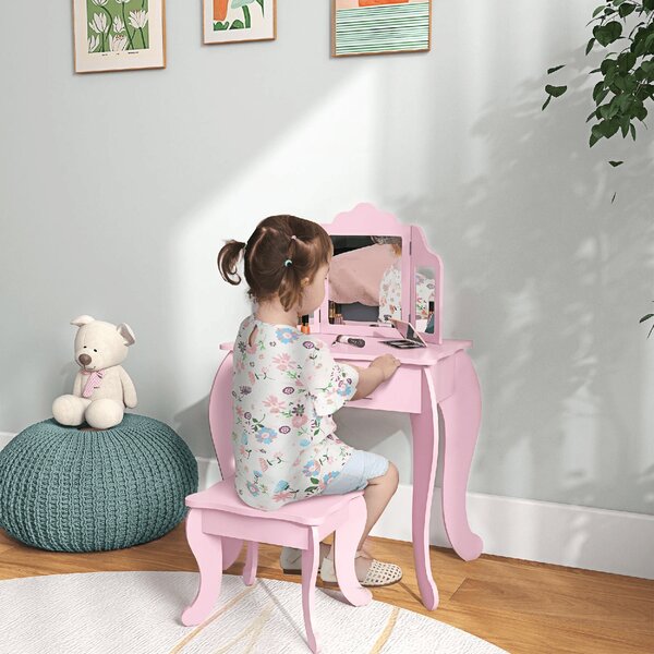 DecHome Tavolo da Trucco per Bambini 3-6 Anni con Sgabello Specchio Regolabile e Cassetto 63x40x85.5 cm colore Rosa
