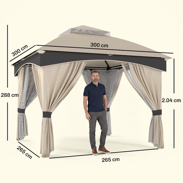 Outsunny Gazebo da Giardino 3x3 m con Doppio Tettuccio e Tende Rimuovibili, Struttura in Acciaio Zincato, Beige e Grigio|Aosom