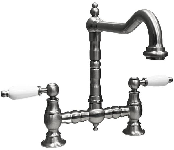 PB Rubinetto da cucina in stile retrò in acciaio inossidabile con bocca ad angolo e maniglie bianche PBN.RVS.H.WH