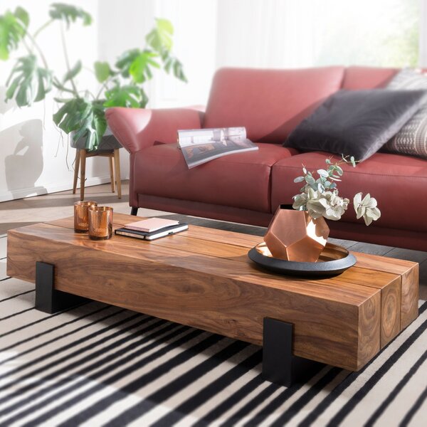 Tavolino FineBuy in legno massello di sheesham, rettangolare, 115 cm – Tavolino da salotto dal design industriale moderno con gambe in metallo | Realizzato a mano
