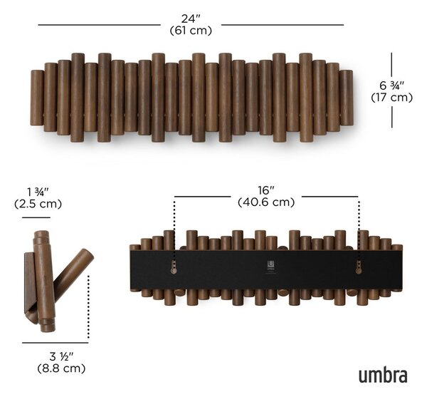 Attaccapanni da parete marrone scuro in pino massiccio 61 cm Picket – Umbra