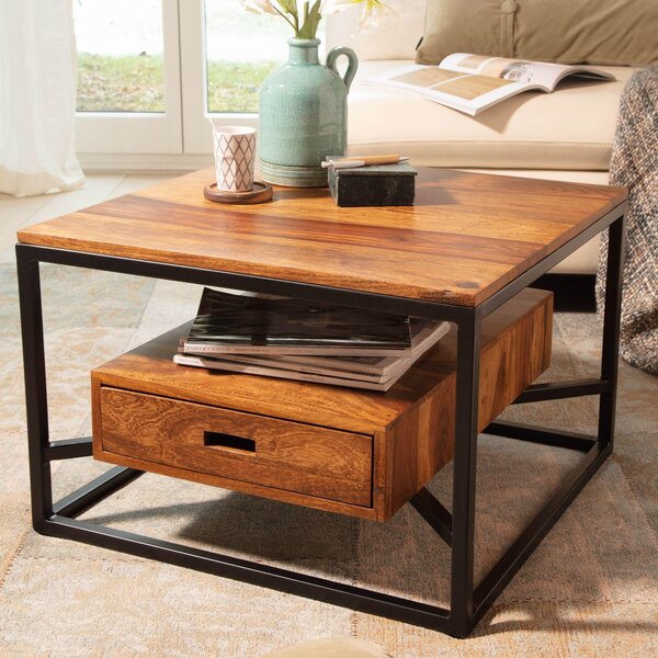 FineBuy Tavolino da caffè 60x60x40 cm in legno massiccio di sheesham / metallo Tavolino da divano Tavolo quadrato da soggiorno Tavolino da caffè solido con cassetto Tavolino da salotto
