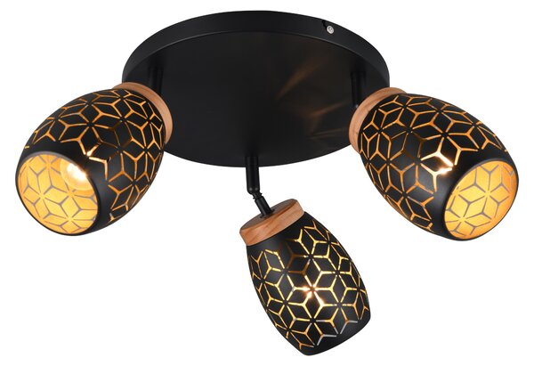 Lampada a sospensione BIDAR, nera e dorata, 3 attacchi E14, 10W ciascuno, in metallo, dimensioni: 27x58x58 cm, grado di protezione IP20, con dimmer integrato (RL)