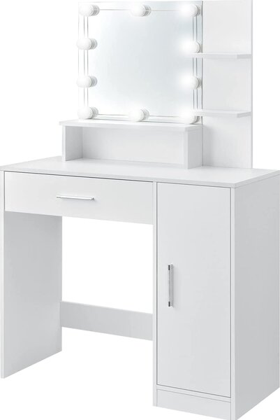 ML-Design tavolo da toilette bianco, tavolo da toilette con illuminazione a LED, specchio, 1 cassetto, 3 scomparti e armadietto, 90x38x137 cm, tavolo cosmetico in legno MDF