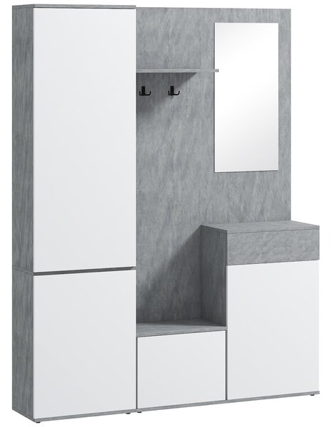 HOMCOM Mobile multiuso da Ingresso 4 in 1 con Specchio, Ganci e Ripiani Interni, in Legno e truciolato, 145x29x184 cm, Grigio e Bianco | Aosom Italy