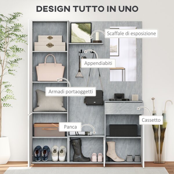 HOMCOM Mobile multiuso da Ingresso 4 in 1 con Specchio, Ganci e Ripiani Interni, in Legno e truciolato, 145x29x184 cm, Grigio e Bianco | Aosom Italy