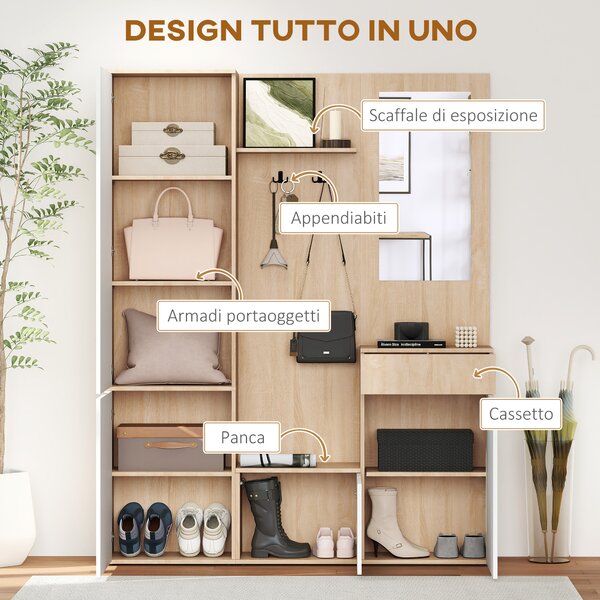 HOMCOM Mobile da Ingresso 4 in 1 con appendiabiti, panca, scaffale aperto, cassetto e degli armadietti , 145x29x184 cm, Nero e Bianco| Aosom Italy