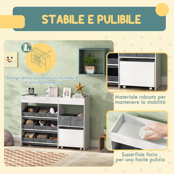 AIYAPLAY Mobile Portagiochi per Bambini con 11 Cestini in Tessuto, Armadietto e Ripiani, 105x30x80 cm, Bianco | Aosom Italy