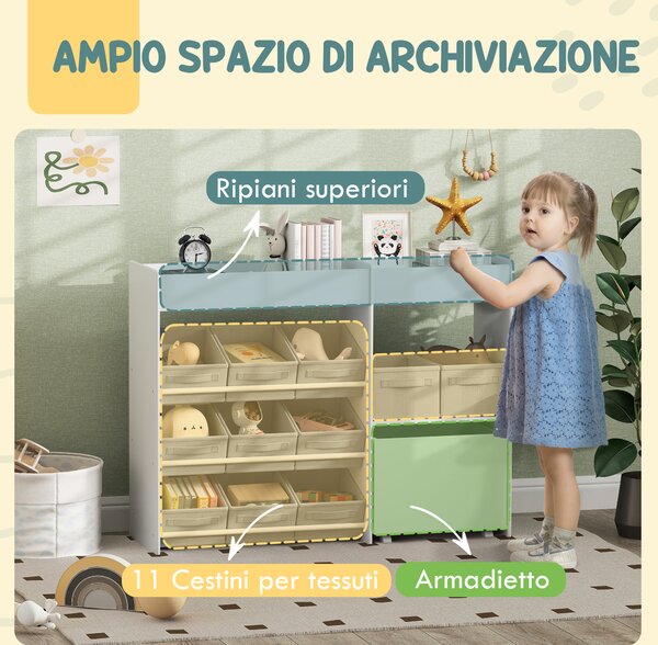 AIYAPLAY Mobile Portagiochi per Bambini con 11 Cestini in Tessuto, Armadietto e Ripiani, 105x30x80 cm, Bianco | Aosom Italy