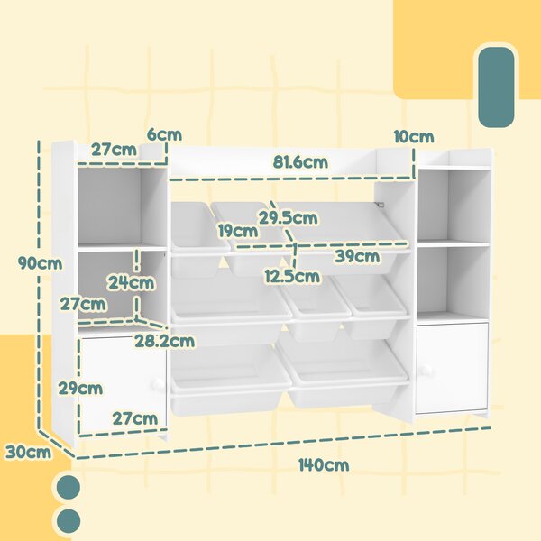 AIYAPLAY Scaffale Portagiochi per Bambini con 8 Contenitori Rimovibili e Armadietti, 140x30x90 cm, Bianco | Aosom Italy