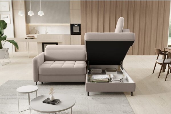 Divano angolare marrone chiaro allungabile/con contenitore (con penisola a destra/a L) e rivestimento in velluto Barea – ELTAP