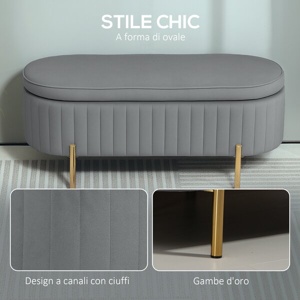 HOMCOM Panca Contenitore Ovale da 72L con Coperchio Sollevabile, in Tessuto Vellutato e Legno, 108x44x43.5 cm, Grigio | Aosom Italy