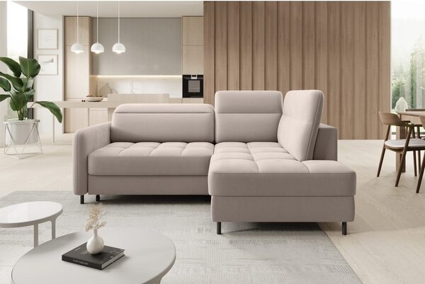 Divano angolare marrone chiaro allungabile/con contenitore (con penisola a destra/a L) e rivestimento in velluto Barea – ELTAP
