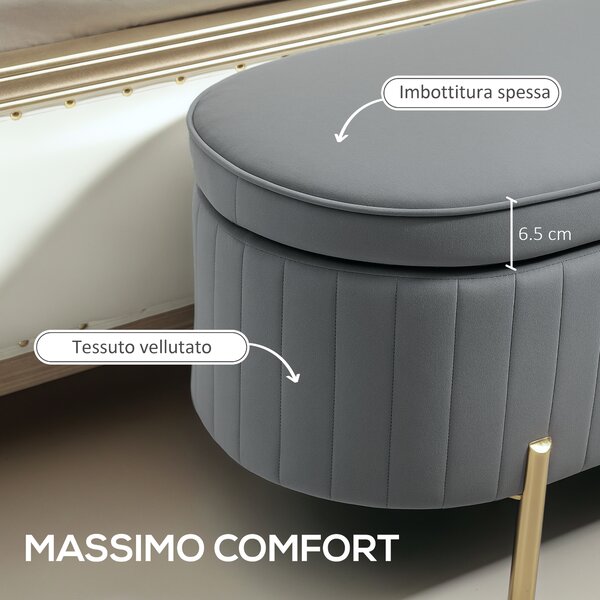 HOMCOM Panca Contenitore Ovale da 72L con Coperchio Sollevabile, in Tessuto Vellutato e Legno, 108x44x43.5 cm, Grigio | Aosom Italy