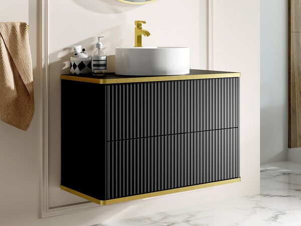 Mobile per bagno sospeso con scanalature con profilo dorato e lavabo da appoggio tondo Nero 80 cm - KELIZA