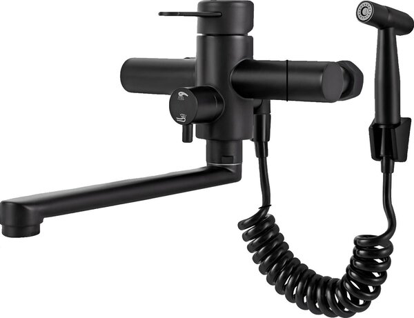 Miscelatore da cucina, girevole a 360°, da montare a parete, con funzione spray, colore nero