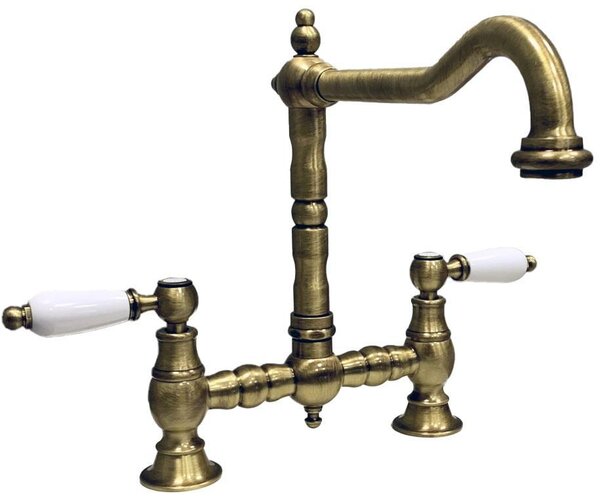 PB Rubinetto da cucina in stile retrò, finitura bronzo, bocca ad angolo, con maniglie bianche PBN.BRO.H.WH